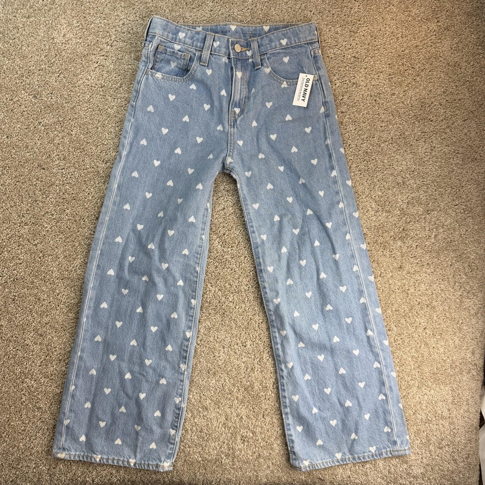 Old Navy Jeans Girls 12 Blue Baggy Wide Leg Heart Print Denim High Rise Casual